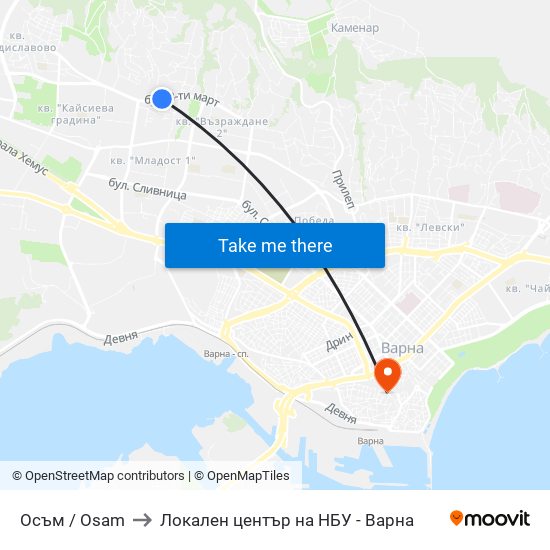 Осъм / Osam to Локален център на НБУ - Варна map