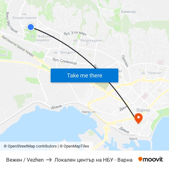 Вежен / Vezhen to Локален център на НБУ - Варна map