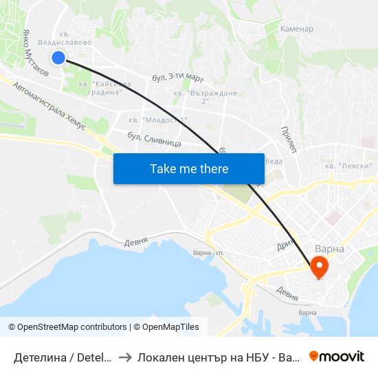 Детелина / Detelina to Локален център на НБУ - Варна map
