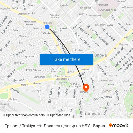 Тракия / Trakiya to Локален център на НБУ - Варна map