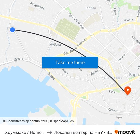 Хоуммакс / Homemax to Локален център на НБУ - Варна map