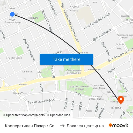 Кооперативен Пазар / Cooperative Market to Локален център на НБУ - Варна map