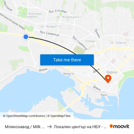Млекозавод / Milk Plant to Локален център на НБУ - Варна map