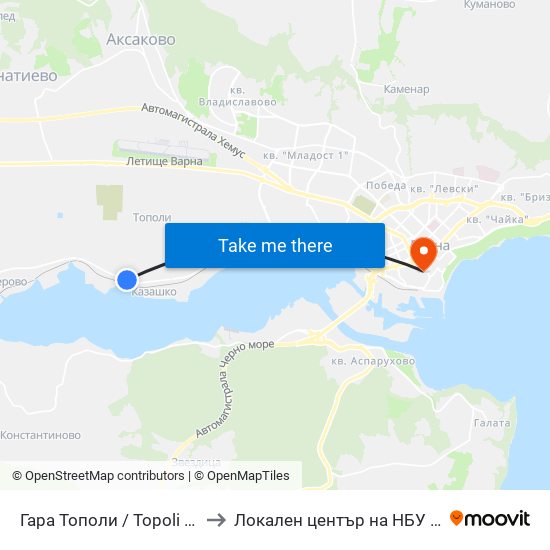 Гара Тополи / Topoli Station to Локален център на НБУ - Варна map