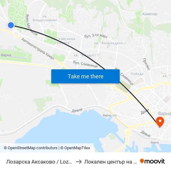 Лозарска Аксаково / Lozarska Aksakovo to Локален център на НБУ - Варна map