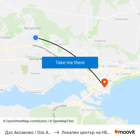 Дзс Аксаково / Dzs Aksakovo to Локален център на НБУ - Варна map