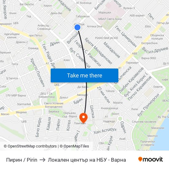 Пирин / Pirin to Локален център на НБУ - Варна map