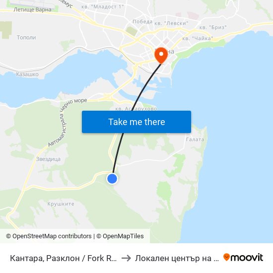 Кантара, Разклон / Fork Road For Kantara to Локален център на НБУ - Варна map