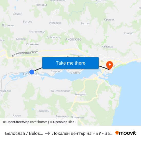 Белослав / Beloslav to Локален център на НБУ - Варна map