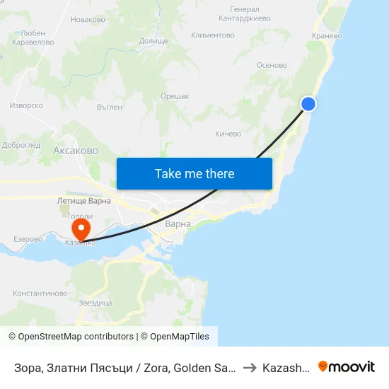 Зора, Златни Пясъци / Zora, Golden Sands to Kazashko map