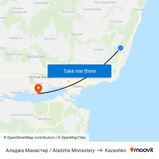 Аладжа Манастир / Aladzha Monastery to Kazashko map