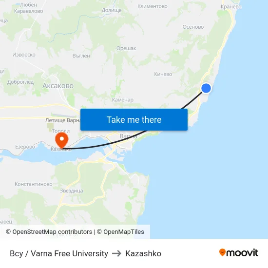 Всу / Varna Free University to Kazashko map