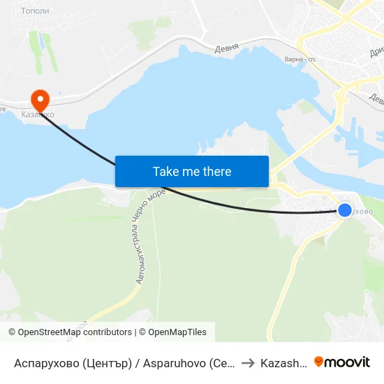 Аспарухово (Център) / Asparuhovo (Center) to Kazashko map