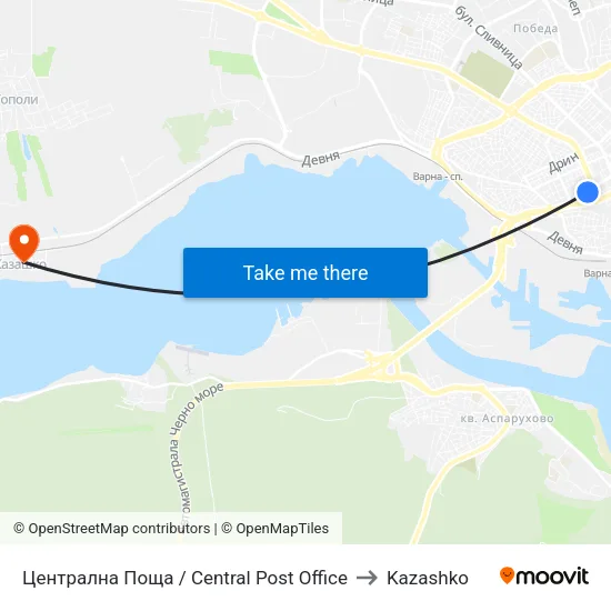 Централна Поща / Central Post Office to Kazashko map