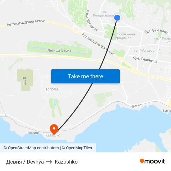 Девня / Devnya to Kazashko map