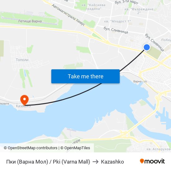 Пки (Варна Мол) / Pki (Varna Mall) to Kazashko map