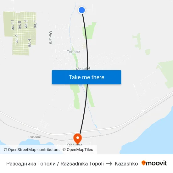 Разсадника Тополи / Razsadnika Topoli to Kazashko map