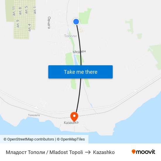 Младост Тополи / Mladost Topoli to Kazashko map