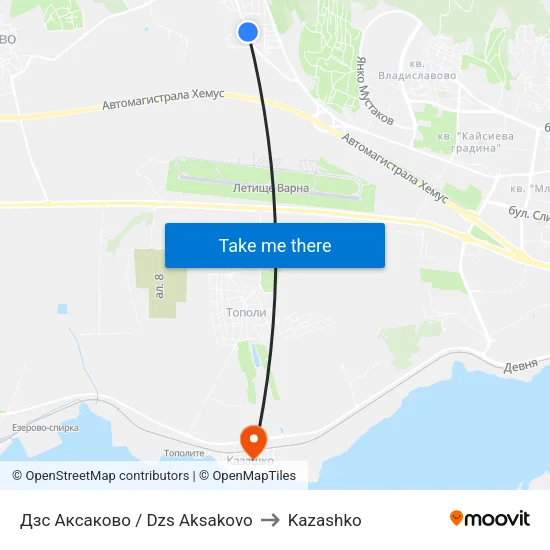 Дзс Аксаково / Dzs Aksakovo to Kazashko map