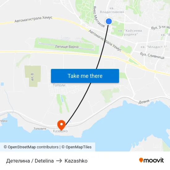 Детелина / Detelina to Kazashko map