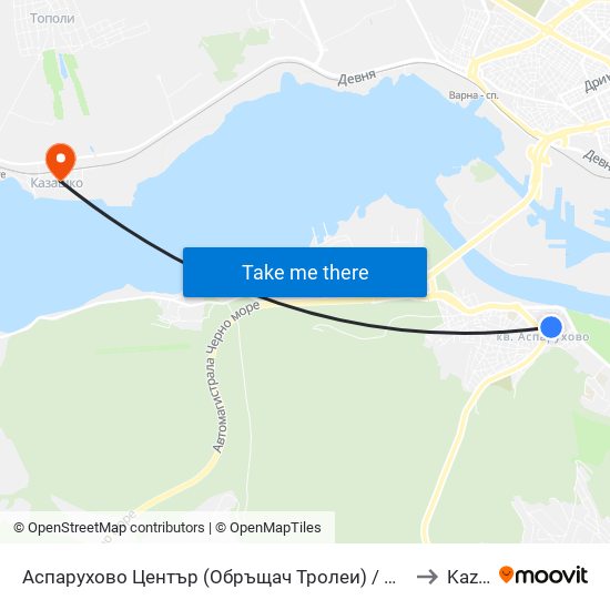 Аспарухово Център (Обръщач Тролеи) / Asparuhovo Centre (Turn Spot Trolleybuses) to Kazashko map