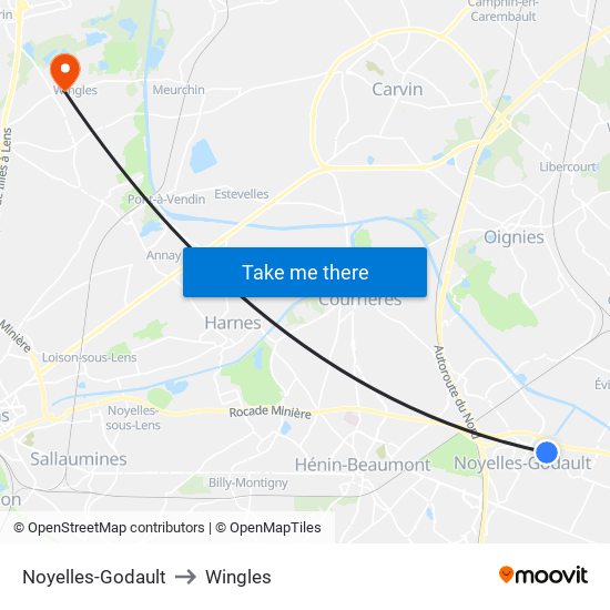 Noyelles-Godault to Wingles map