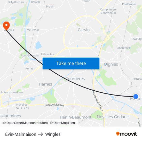 Évin-Malmaison to Wingles map