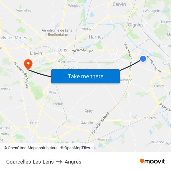 Courcelles-Lès-Lens to Angres map