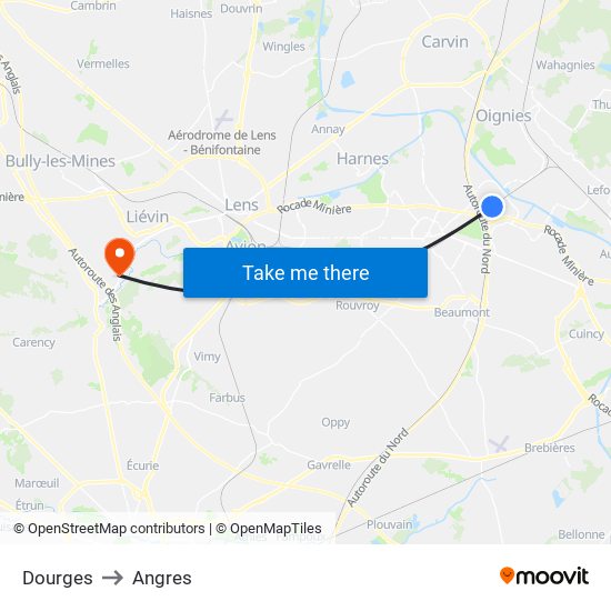 Dourges to Angres map