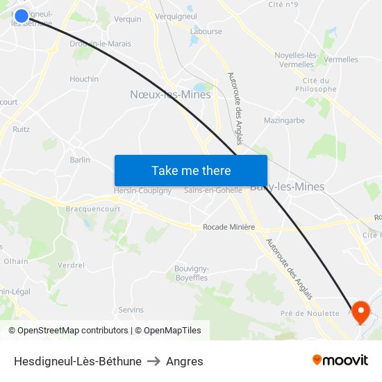 Hesdigneul-Lès-Béthune to Angres map