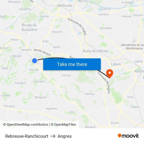 Rebreuve-Ranchicourt to Angres map