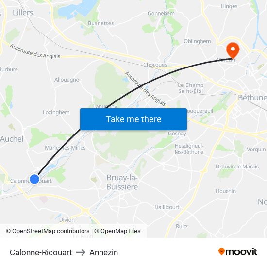 Calonne-Ricouart to Annezin map