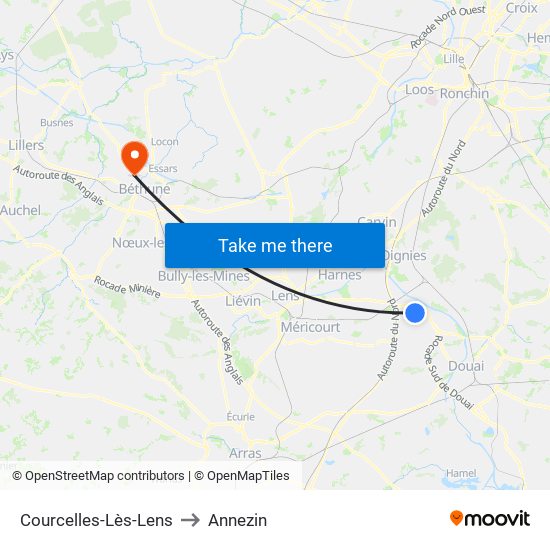 Courcelles-Lès-Lens to Annezin map