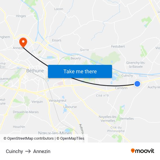 Cuinchy to Annezin map