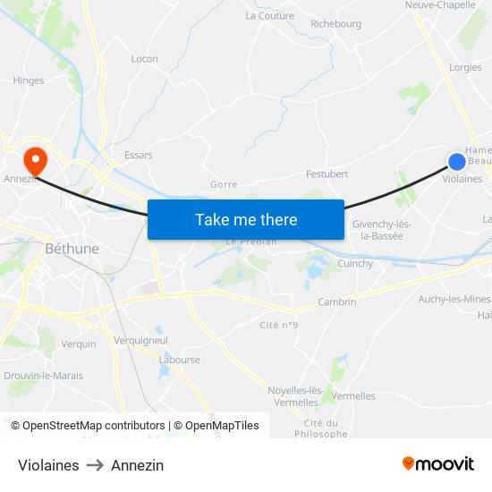 Violaines to Annezin map