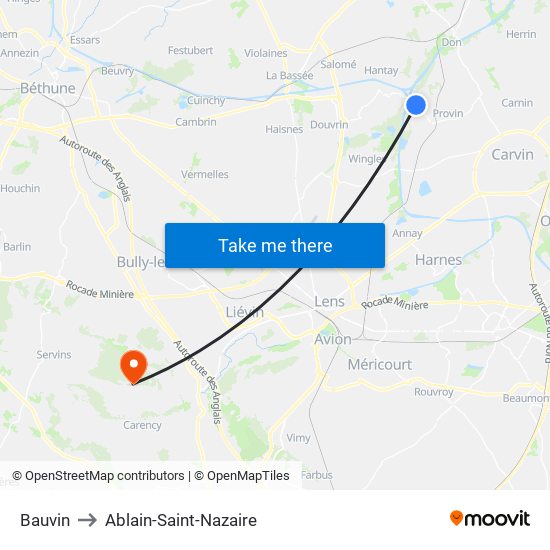 Bauvin to Ablain-Saint-Nazaire map