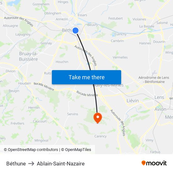 Béthune to Ablain-Saint-Nazaire map