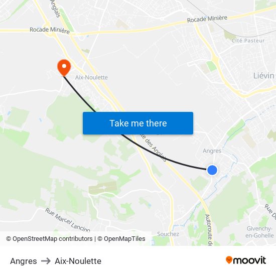 Angres to Aix-Noulette map