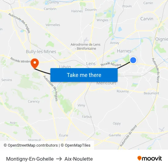 Montigny-En-Gohelle to Aix-Noulette map