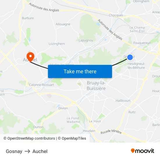 Gosnay to Auchel map