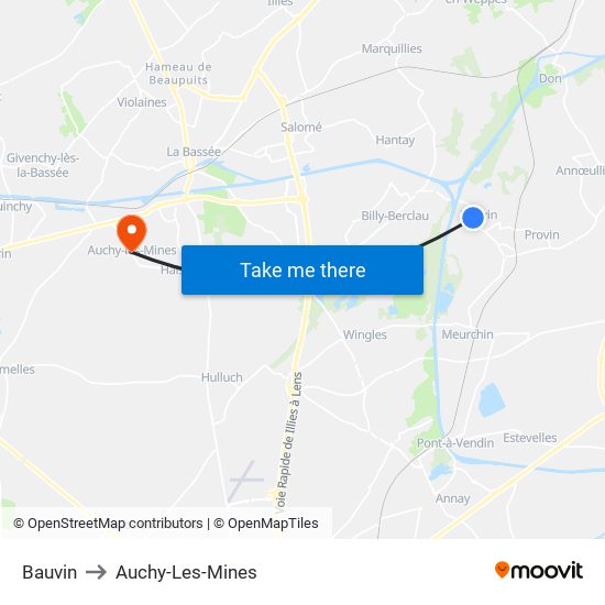 Bauvin to Auchy-Les-Mines map