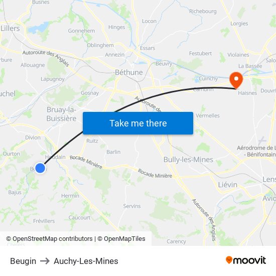 Beugin to Auchy-Les-Mines map