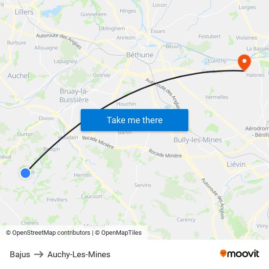 Bajus to Auchy-Les-Mines map