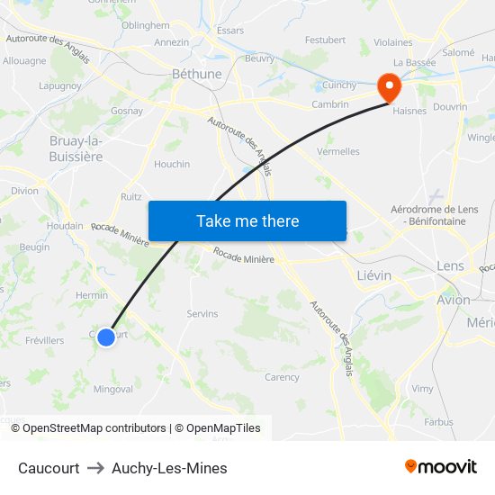 Caucourt to Auchy-Les-Mines map