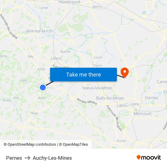 Pernes to Auchy-Les-Mines map