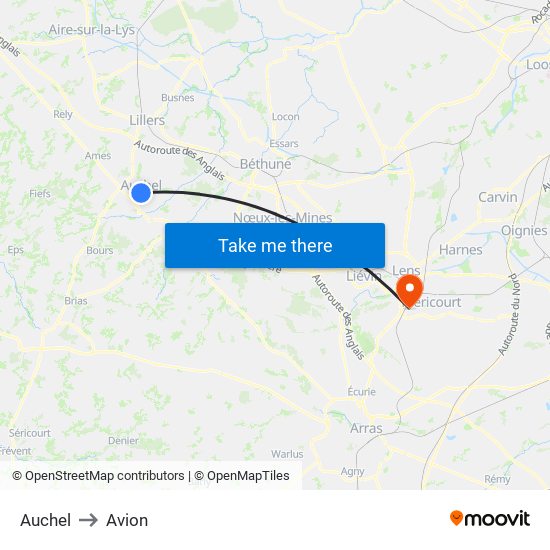 Auchel to Avion map