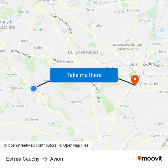 Estrée-Cauchy to Avion map