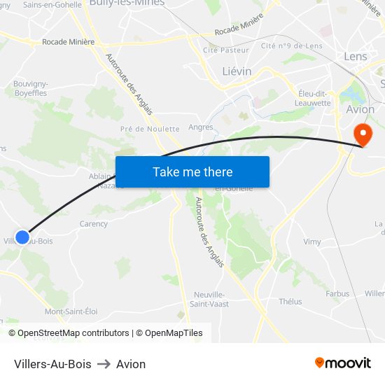 Villers-Au-Bois to Avion map