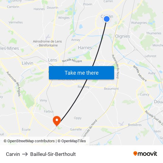 Carvin to Bailleul-Sir-Berthoult map