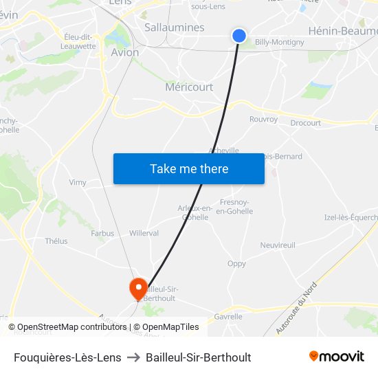Fouquières-Lès-Lens to Bailleul-Sir-Berthoult map